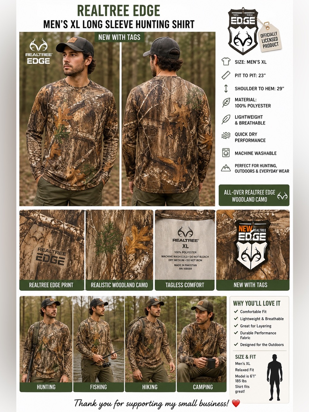 Realtree Edge Men’s XL Camo Long Sleeve Hunting Shirt NWT 23” P2P
